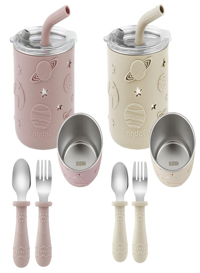 باندا إير مجموعة أكواب الأطفال الصغار من الفولاذ المقاوم للصدأ من باندا إير، عبوة من قطعتين، مع أغطية وأكمام سيليكون، ومجموعة من ملعقتين وشوكتين، أكواب شرب مانعة للانسكاب سعة 8.8 أونصة مع سدادة ماصة، خالية من مادة BPA (لون وردي فاتح/كتاني) - Image 1